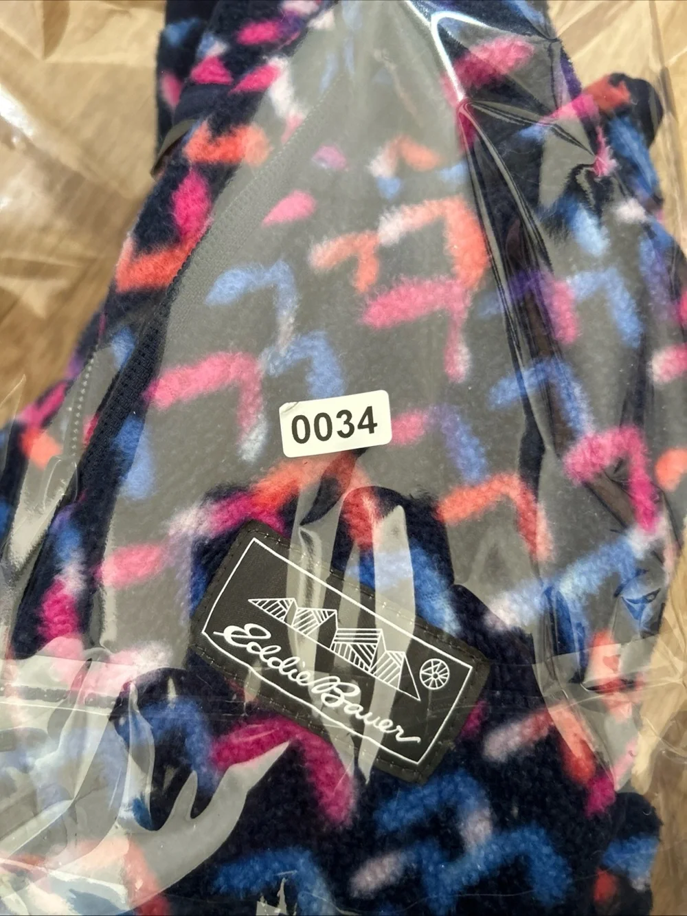Eddie Bauer Navy Fleece Pullover with Pink & Light Blue Chevron Pattern